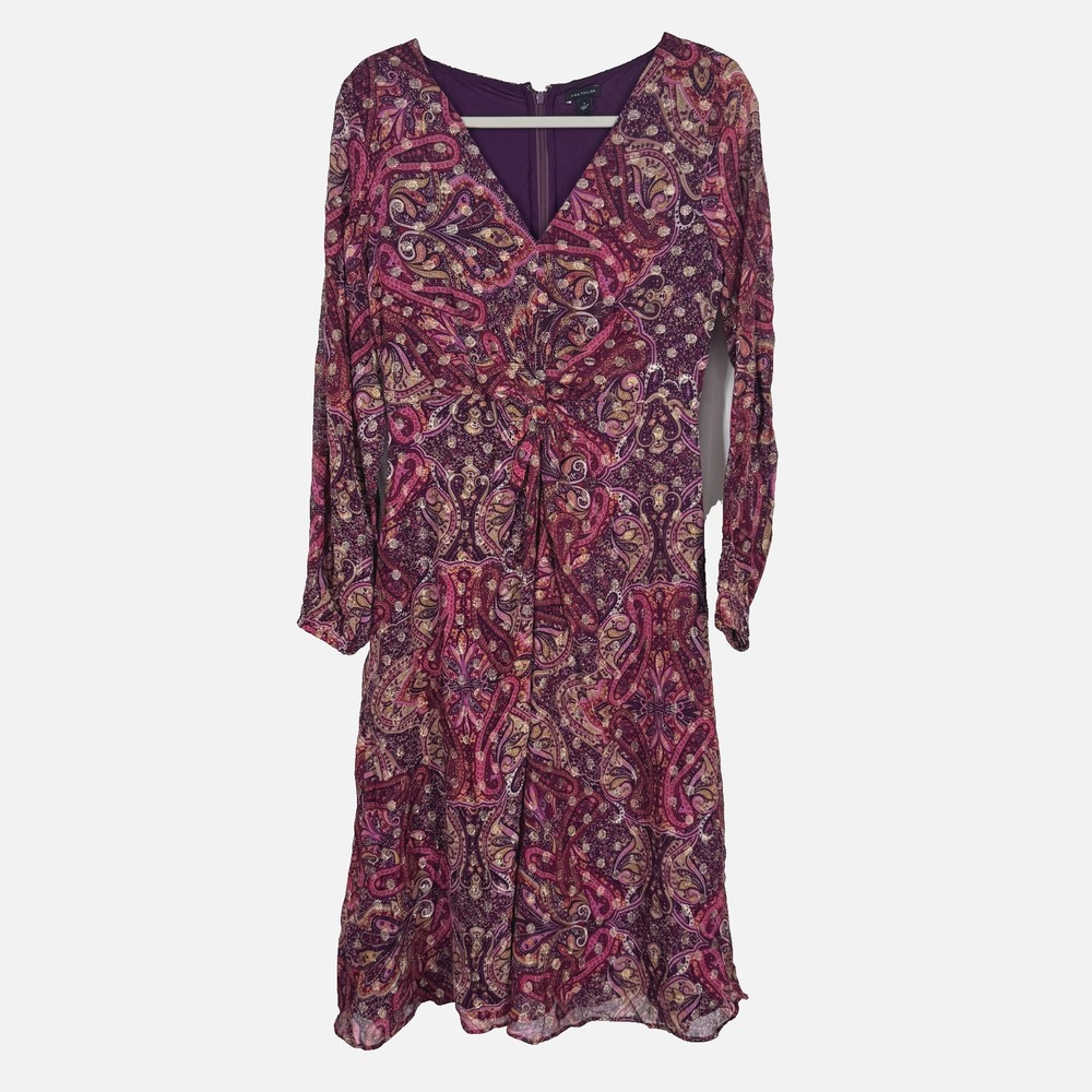 Ann Taylor Sz 0 Draped Paisley Midi Dress V Neck Burgundy Fall Shimmer